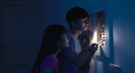 A man and a women inspecting their circuit breaker panel
